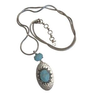 Lucky Brand Silver Sparkling Marcasite Faux Turquoise Statement Boho Necklace